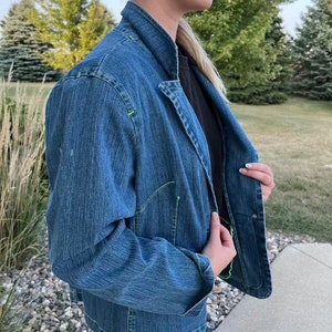 Vintage Bill Glass Denim Jacket with Lime Green Thread Top Stitch Retro Neon Jean Jacket Fall Retro Grunge Oversized Hippie 1980 Fashion zdjęcie 8