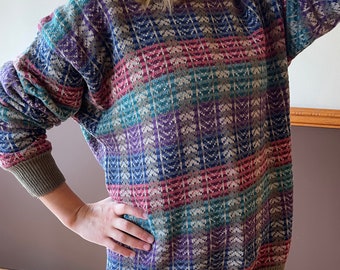 Vintage SLOUCHY Grandpa Sweater Pullover Colorful Rainbow Striped Geometric Oversized  Drapey Retro Sweater SOFT 1970 Fashion Mens Retro