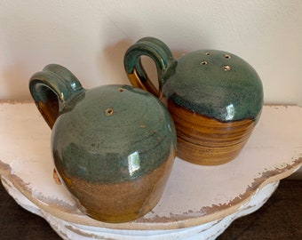 Boho Stoneware Pottery Salt and Pepper with Drip Glaze | Green Brown Aqua Kitchen Decor