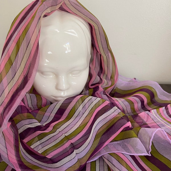 MCM Chiffon Headscarf Purple Lavender Stripe Vintage Head Scarf  \\ Mid Century Neck Scarf Avocado Green with Pink \\ STUNNING \\ 42x14