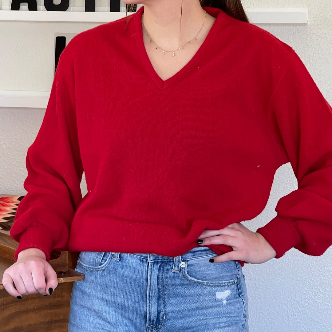 Vintage Men's V Neck Red Sweater Classic Boho Pullover Vivid Red