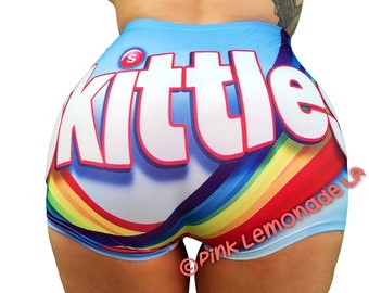 Skittles Snack Shorts - High Waisted Booty Shorts Stretchy Biker Shorts for Women Sexy Candy Shorts