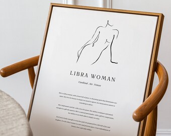 Libra Woman Zodiac Art Print / digital download poetry star sign astrology line minimalistic abstract trendy wall printable gift for her