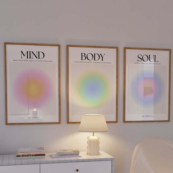 Mind Body Soul Print Set - digital download - aura pastel decor astrology line minimalistic abstract trendy wall printable gift for her