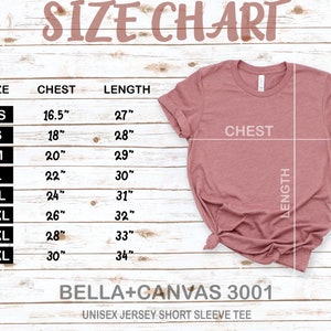 May include: Size chart for a Bella + Canvas 3001 unisex jersey short sleeve tee. The chart shows chest and length measurements in inches for sizes XS to 4XL.