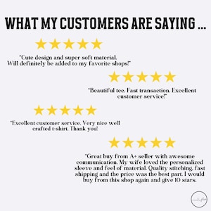 May include: Image with the text "WHAT MY CUSTOMERS ARE SAYING..." and customer reviews. The reviews include phrases like "Cute design and super soft material" and "Excellent customer service."