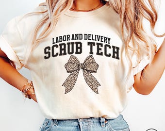 Leopard Print Labor And Delivery Scrub Tech Shirt, Varsity Letters Tech Shirt, Gift For Scrub Tech, L & D Scrub Tech Student Shirt Nurse