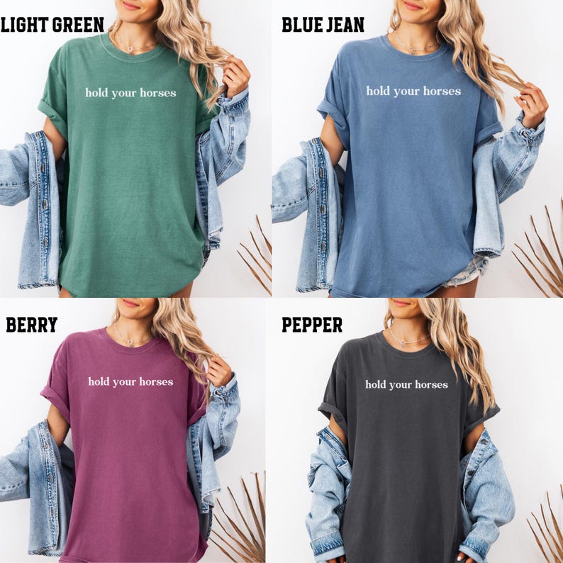 Op de afbeelding: Vier verschillende gekleurde T-shirts met de tekst "hold your horses" bedrukt op de voorkant. De T-shirts zijn lichtgroen, blauw, bordeauxrood en antraciet.