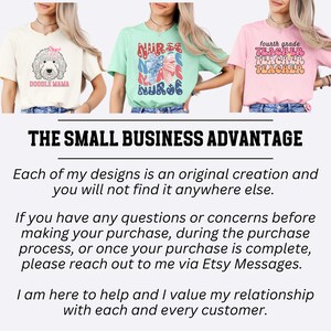 May include: Three t-shirts with graphic designs. One is cream-colored with a doodle dog and the text "DOODLE MAMA". Another is mint green with a patriotic bow and the word "NURSE". The third is pink with "fourth grade TEACHER" text.