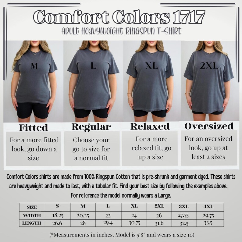 Op de afbeelding: Maattabel voor Comfort Colors 1717 volwassen zware ringgesponnen T-shirts. De tabel toont de verschillende maten, breedte en lengte in inches. Het model is 1,73 m lang en draagt maat 10.