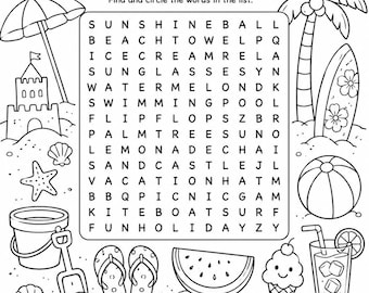 Zomerse woordzoeker kleurplaat | Strandthema-activiteit (pdf-download)