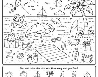Kleurplaat Summer I Spy | Zoek- en vindactiviteit op het strand (digitale download)