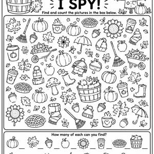 Può includere: Un foglio di attività stampabile in bianco e nero intitolato FALL I SPY! che presenta varie illustrazioni a linee a tema autunnale come zucche, foglie, mele, girasoli e uno spaventapasseri, con una sezione in basso per contare ogni oggetto.
