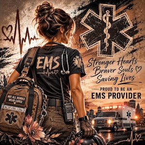 Könnte beinhalten: Ein schwarzes T-Shirt mit EMS-Schriftzug und Herzrhythmus-Grafik, getragen mit einem beigen taktischen Rucksack mit einem Not All Heroes Wear Capes-Aufnäher. Das Design enthält das Stern des Lebens-Symbol, ein Funkgerät und den Text Stronger Hearts Braver Souls Saving Lives Proud to be an EMS Provider.