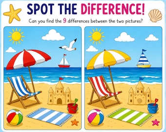Zomerstrand Zoek de verschillen Afdrukbaar | Puzzelactiviteit voor kinderen (directe download)