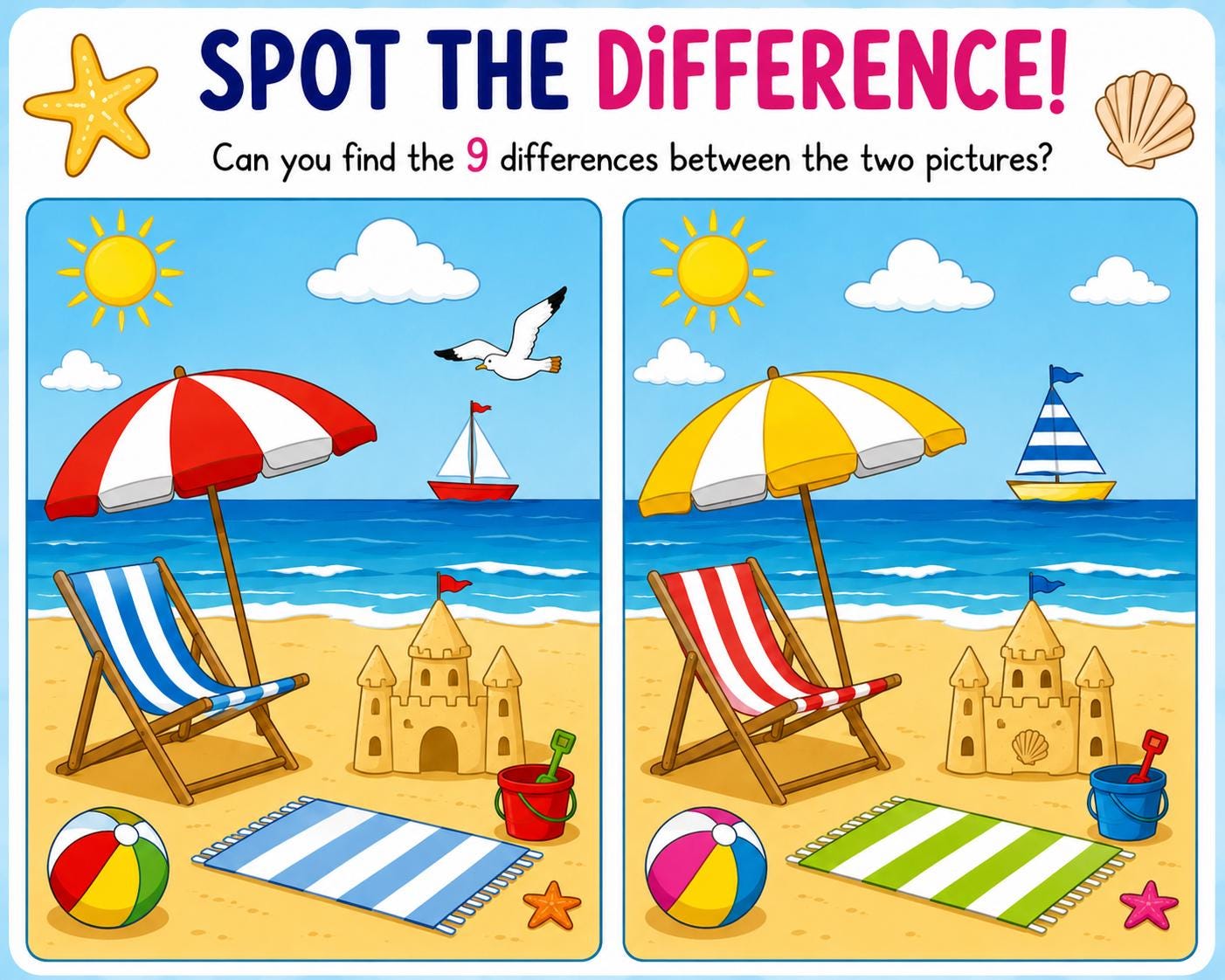 Summer Beach Spot the Difference Printable | Kids Puzzle Activity ...