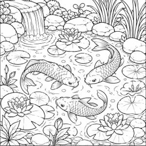 Koi Fish Pond Coloring Page | Japanese Garden Zen Printable (Digital Download)