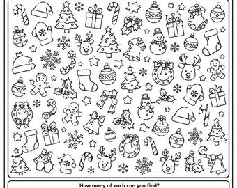 Pagina da colorare "Trova l'oggetto" a tema natalizio / Gioco "Cerca e trova" per le vacanze (Download digitale)