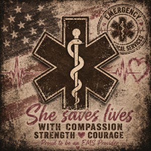 May include: A distressed graphic print featuring a dark brown Star of Life symbol with a central Rod of Asclepius. The background displays a faded American flag, a heart rhythm line, and text reading: She saves lives WITH COMPASSION STRENGTH COURAGE.