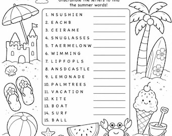 Afdrukbaar zomerwoord scramble | Strandkleuractiviteit (pdf direct downloaden)