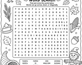 Thanksgiving Printable Activity Bundle | Thanksgiving Worksheets for Kids | I Spy, Word Search, Word Scramble, Maze & Color by Number