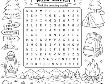 Kleurplaat Woordzoeker camping | Thema-activiteit kamperen (pdf-download)