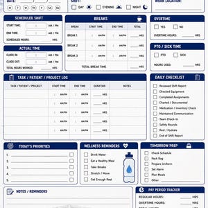 May include: A white and blue shift worker planner and time tracker sheet featuring sections for scheduled shifts, breaks, overtime, tasks, daily checklists, wellness reminders, and a pay period tracker, with an ambulance graphic at the bottom.
