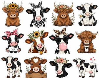 Highland Cow SVG-bundel | Boerderijdieren, bloemen, westernafbeeldingen (digitale download)