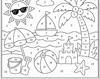 Zomer kleur op nummer afdrukbaar | Activiteit strandscène (digitale download)