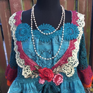 Boho Upcycled Vintage Lace Crocheted Sweater Top Womens Medium Petite One of a Kind