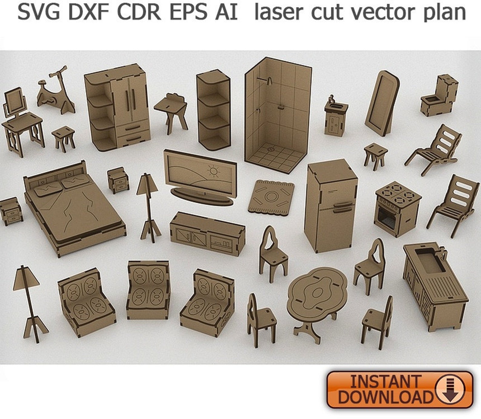 Dollhouse with furniture. Laser cut files SVG DXF CDR vector Etsy