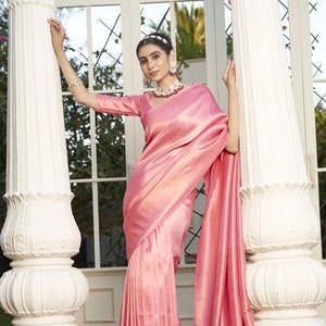 Pinkish Beige Kubera Pattu Saree with Pallakku Border and Blouse, Semi Silk Traditional Wedding Wear
