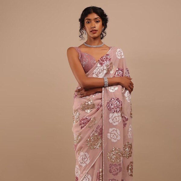 Peach Smart And Sparkling Bollywood Party Style Sequins Work Saree main image 1