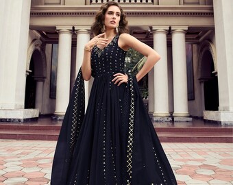Georgette Sequence Embroidered Gown, Gown For USA Women, Party Wear Gown, Wedding Wear Gown, Designer Gown, Gown With Dupatta, Black Gown.