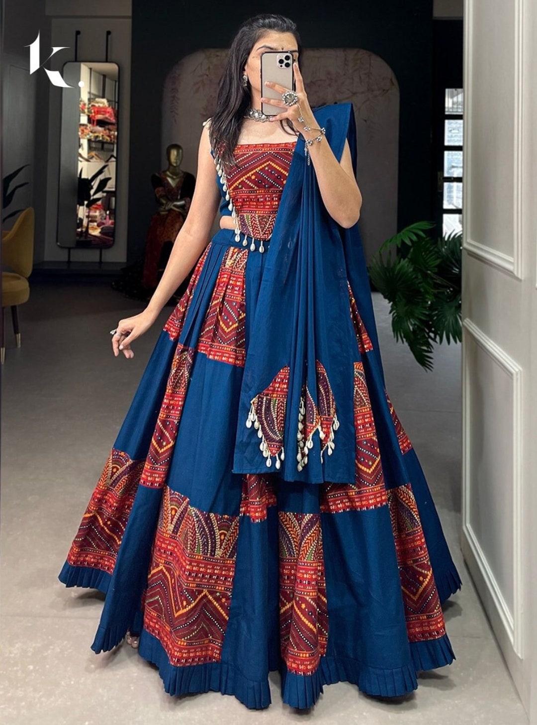 Navy Blue Faux Georgette Gamthi Path Navratri Blouse main image 1