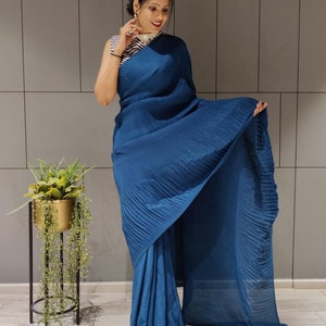 Blue Colour New Arrival Crush Fabric Sareepyore Micro Crush - Etsy