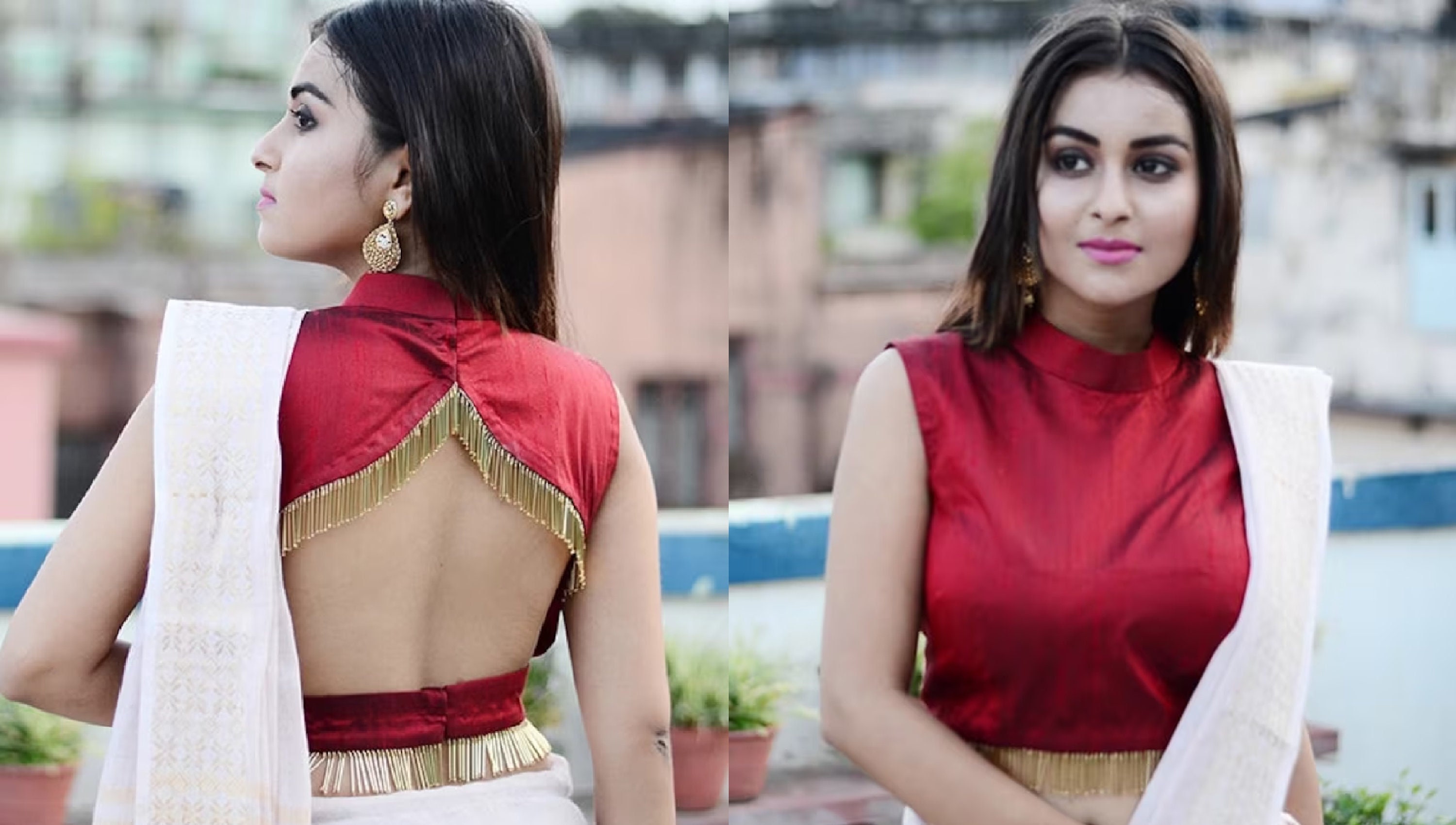 red high collar blouse