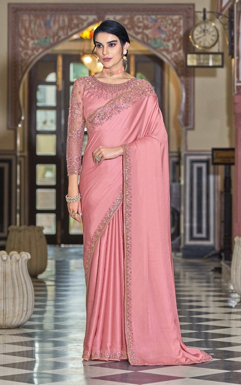Peach Pink Art Silk Saree Sari fabric India Golden Border