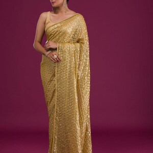Rich Pink Shining Georgette Saree with Linen Work Blouse – Designer Wedding Reception Outfit USA