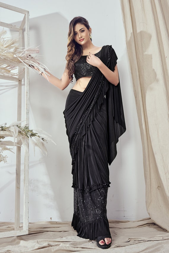 Black Color Pre-stitched Saree We Get You What You Look For - Etsy