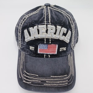 Vintage America EST. 1776 Flag Embroidery Distressed Cap