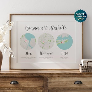 Hello Will You I Do, Custom Map Print, 3 Map Print, Anniversary Gift, Wedding Anniversary Gift For Couple, Met Engaged Married