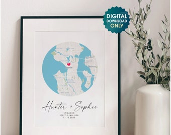 Custom Map Print, Personalised Engagement Gift, Engagement Map, Gift for Couple, Custom Map, Personalised Location Print, Engagement Gift