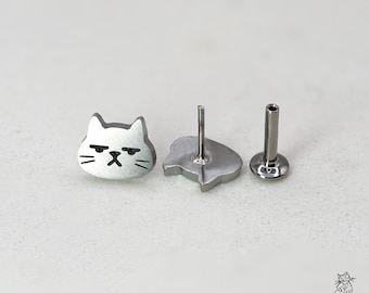Small Titanium Grumpy Cat Flat Back Stud Earring, Hypoallergenic Medical Grade Push Pin, Cute Cat Cartilage Tragus Stud, Sold Individually