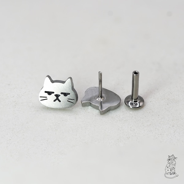 Small Titanium Grumpy Cat Flat Back Stud Earring, Hypoallergenic Medical Grade Push Pin, Cute Cat Cartilage Tragus Stud, Sold Individually