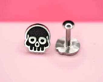 Skull Stud Earring, Halloween Stud, Spooky Jewelry, Threadless Implant Grade Halloween Skull, Flat Back Labret, Sold Individually