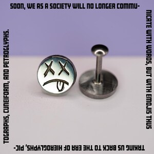 Emoji Face Earring, Titanium Dead Face Stud, Hypoallergenic Earring, Flat Back Cartilage Labret, Threadless Push Back, Sold Individually