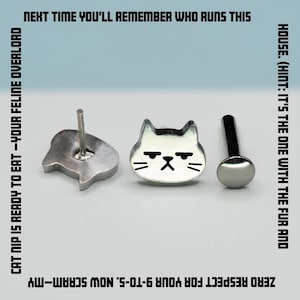 Titanium Cat Flat Back Stud Earring, Handmade Hypoallergenic Grumpy Cat Earring, Titanium Push Back Stud, Implant Grade, Sold Individually