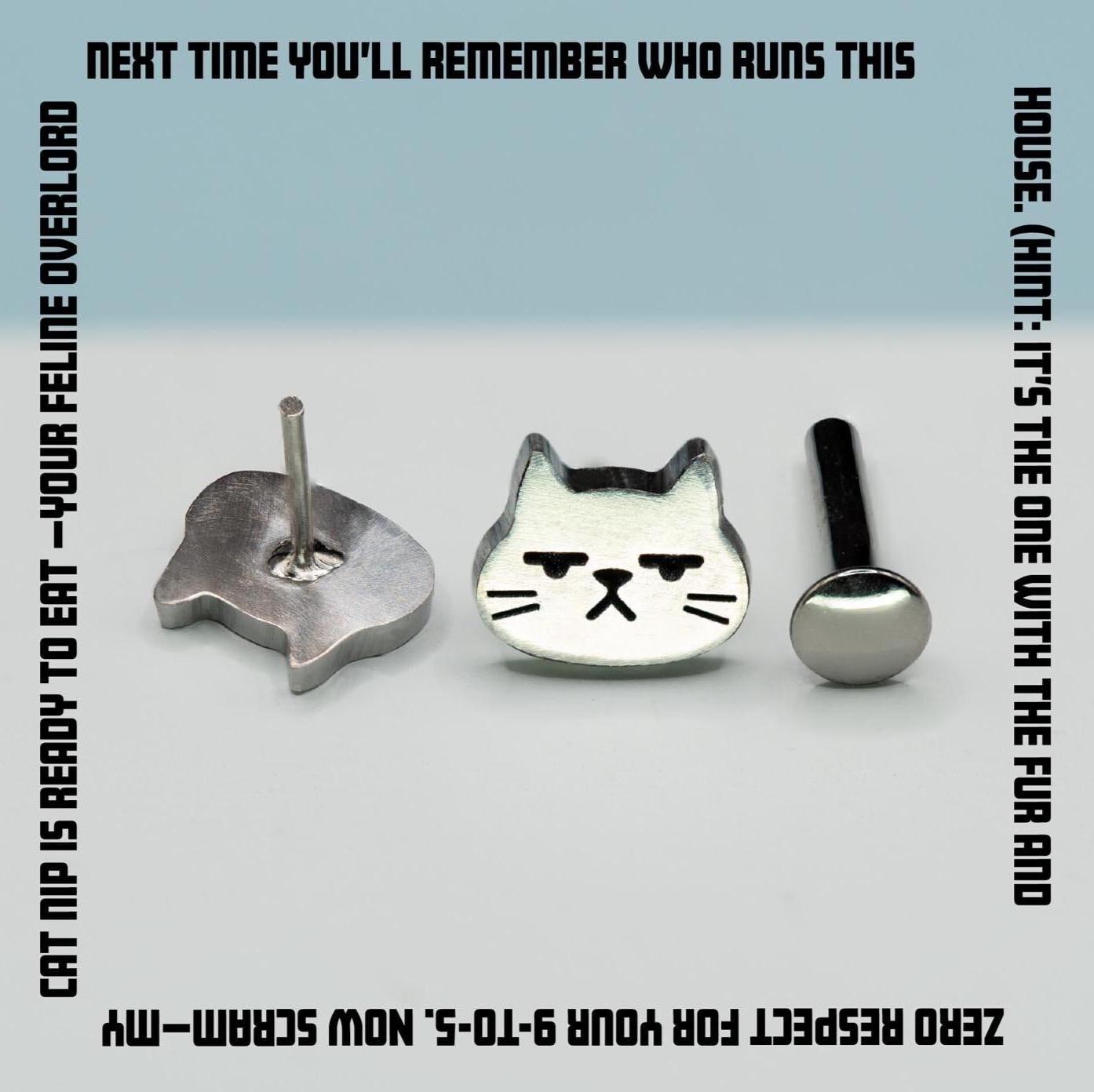 Small Titanium Grumpy Cat Stud Earring: Hypoallergenic Flat Back, Sold Individually