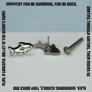 Fisch Ohrstecker, fadenlose Fisch Ohrringe, Titan Sushi Fisch, Implant Grade Push Back Ohrstecker, Flaches Knorpel Labret, einzeln Verkauft